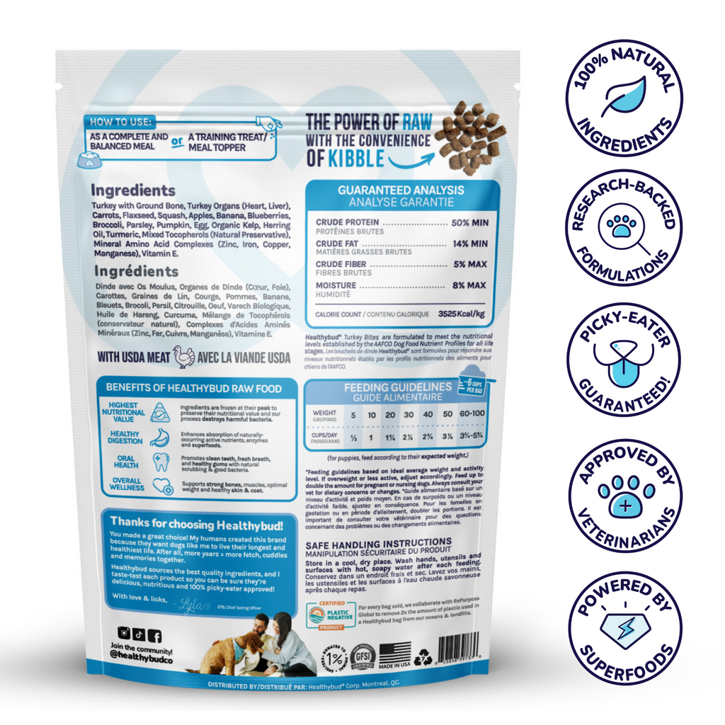 Back of Healthybud Turkey Meal Bites bag - ingredients include Turkey Organs, Carrots, Flaxseed, Sweet Potato, Apples.