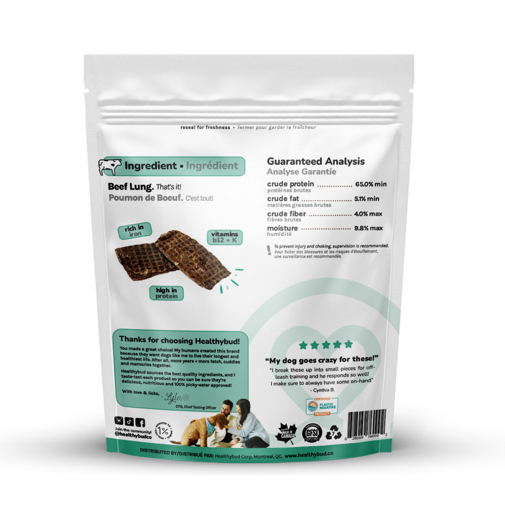 Beef Lung Wafers - back of bag Healthybud USA