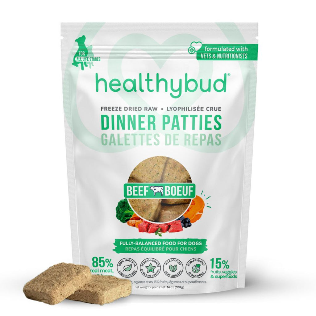 Front of Healthybud Beef Meal Patties bag - freeze-dried raw meal with beef, organs, and superfoods.