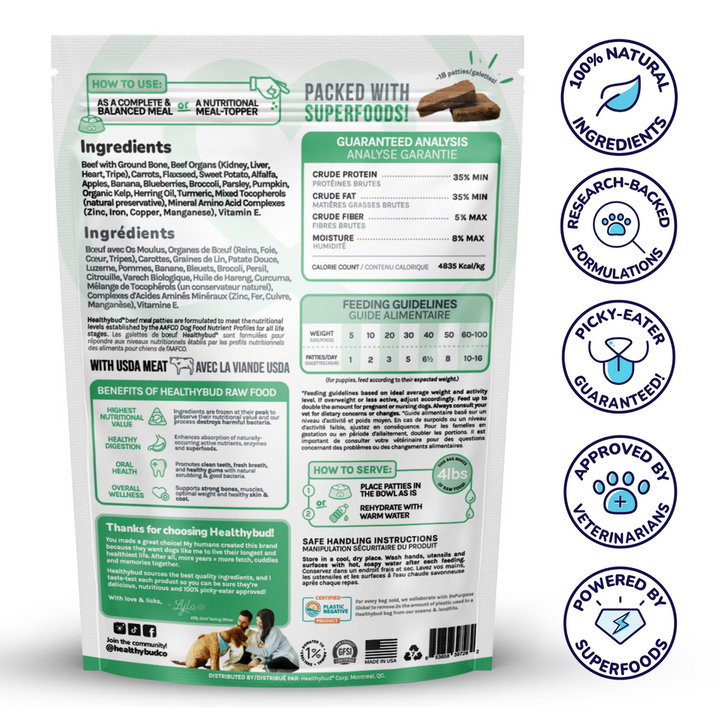 Back of Healthybud Beef Meal Patties bag - ingredients include Beef Organs, Carrots, Flaxseed, Sweet Potato, Apples.