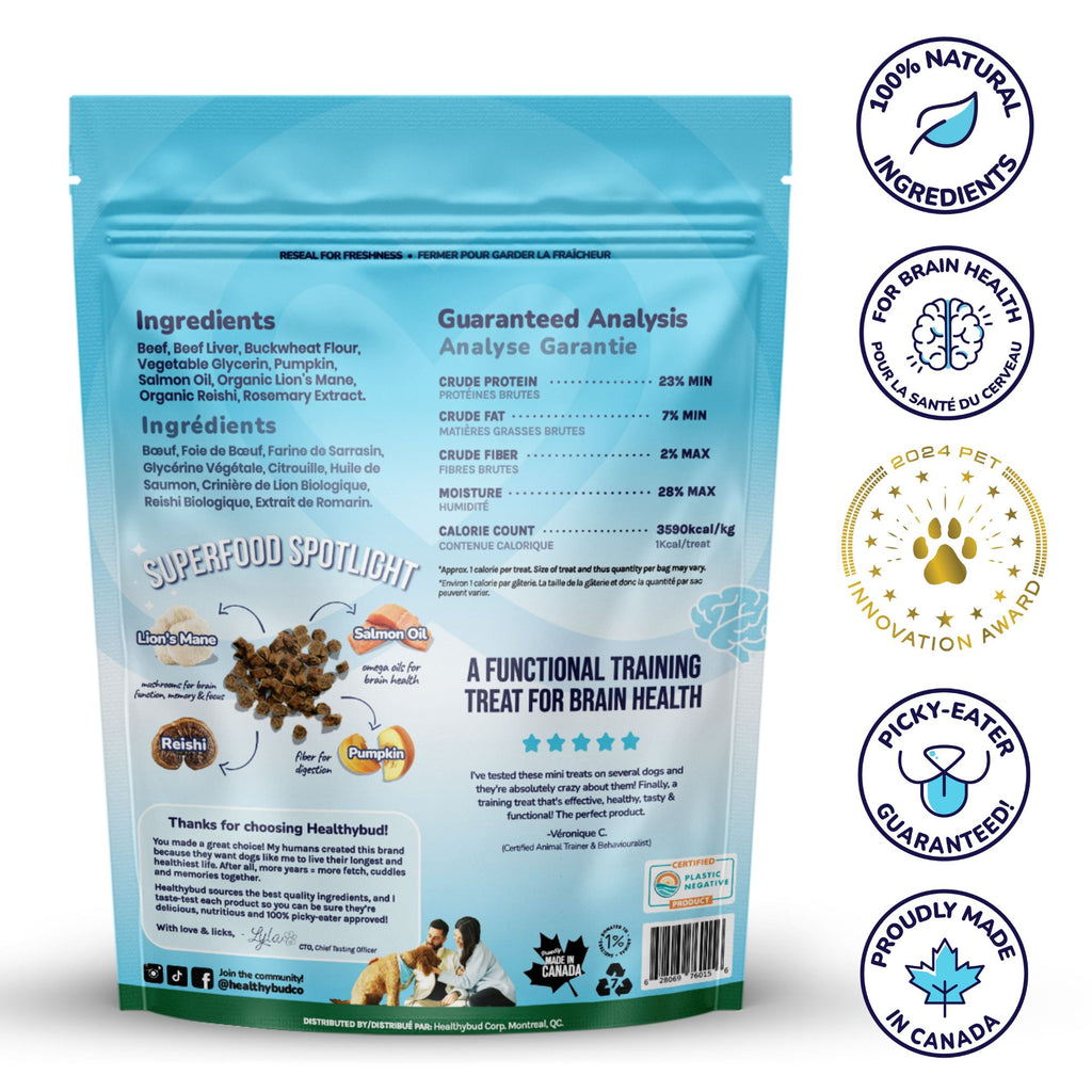 Back of Healthybud Mini Training Treats bag - ingredients include Beef, Beef Liver, Buckwheat Flour, Pumpkin, and Salmon Oil.