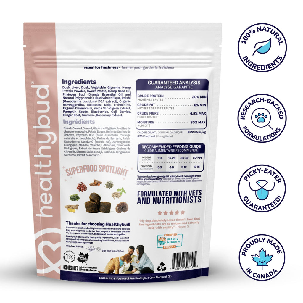 Back of Healthybud Duck Calming Aid bag - ingredients include Sweet Potato, Hemp Oil, Reishi, and Chamomile.