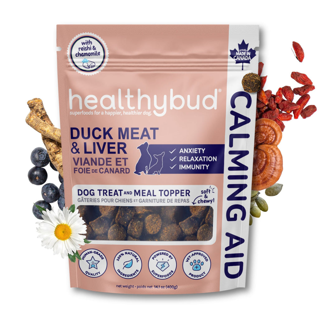 Front of Healthybud Duck Calming Aid bag - relaxes dogs with herbs like Reishi, Ashwagandha, and Chamomile.