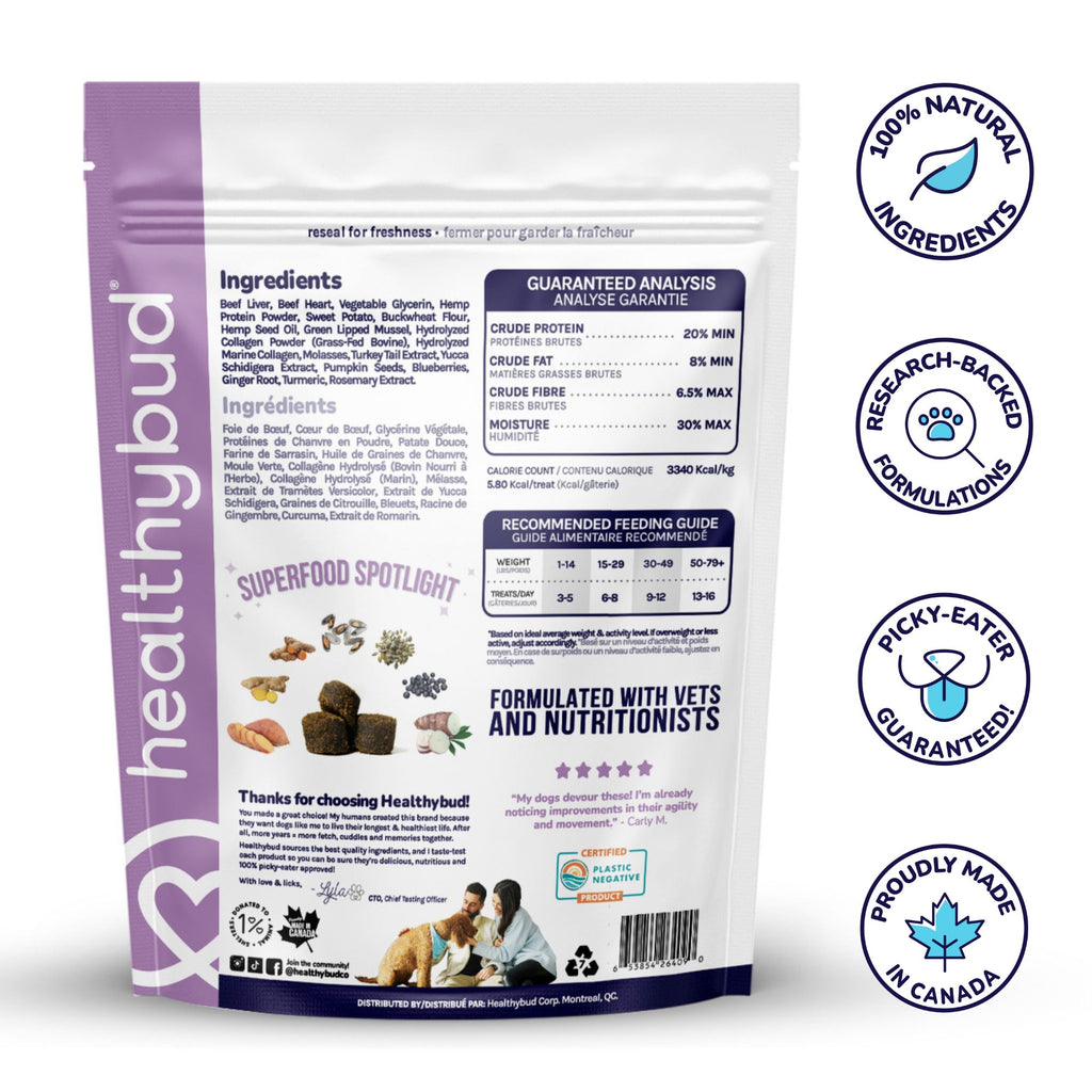 Back of Healthybud Beef Joint Booster bag - ingredients and nutritional info. Reduces pain and inflammation, for all dogs.