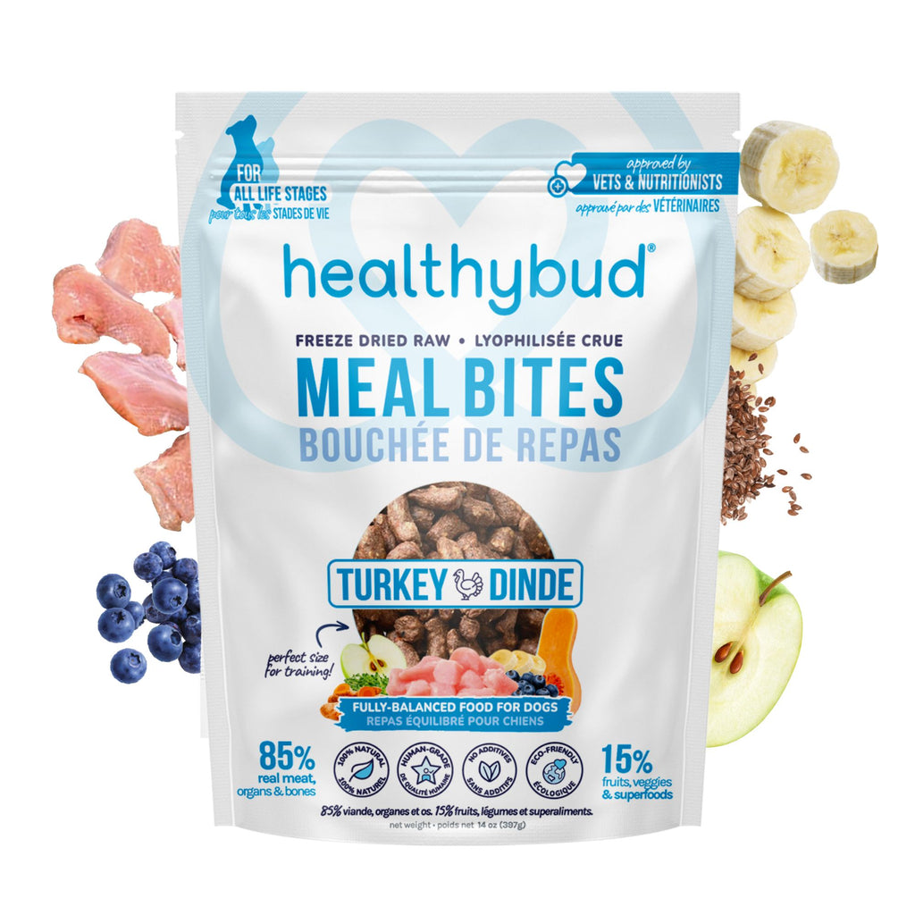 Front of Healthybud Turkey Meal Bites bag - freeze-dried raw meal with turkey, organs, and superfoods.