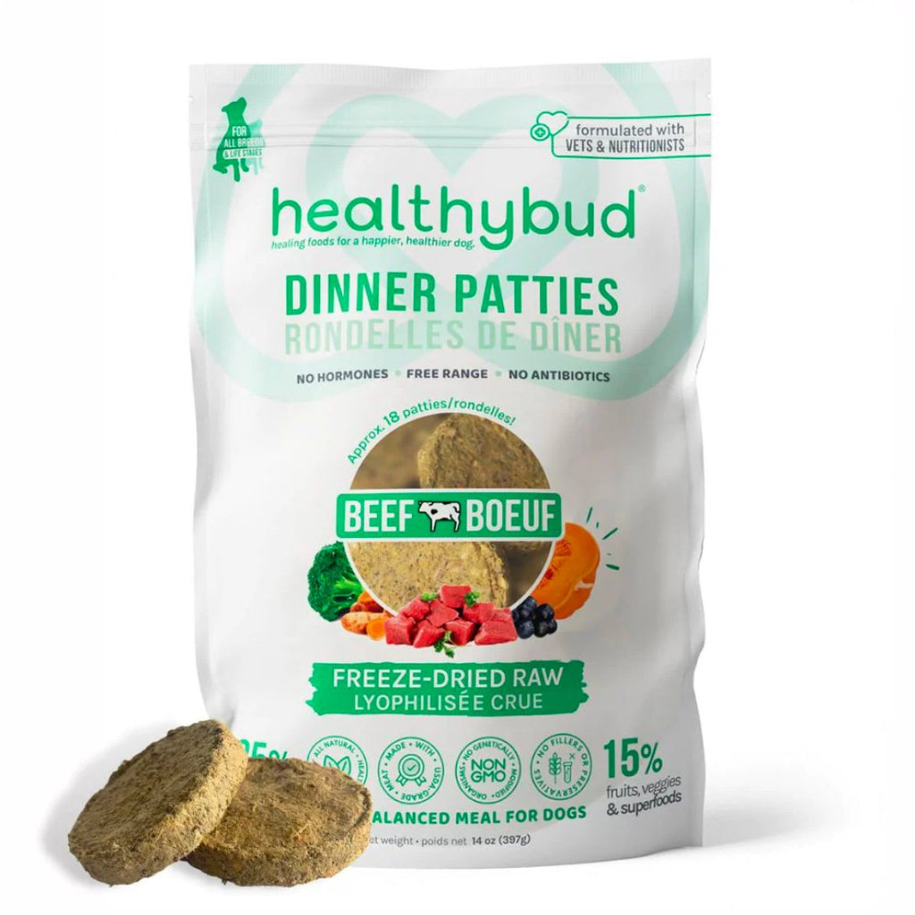 Front of Healthybud Beef Meal Patties bag - freeze-dried raw meal with beef, organs, and superfoods.