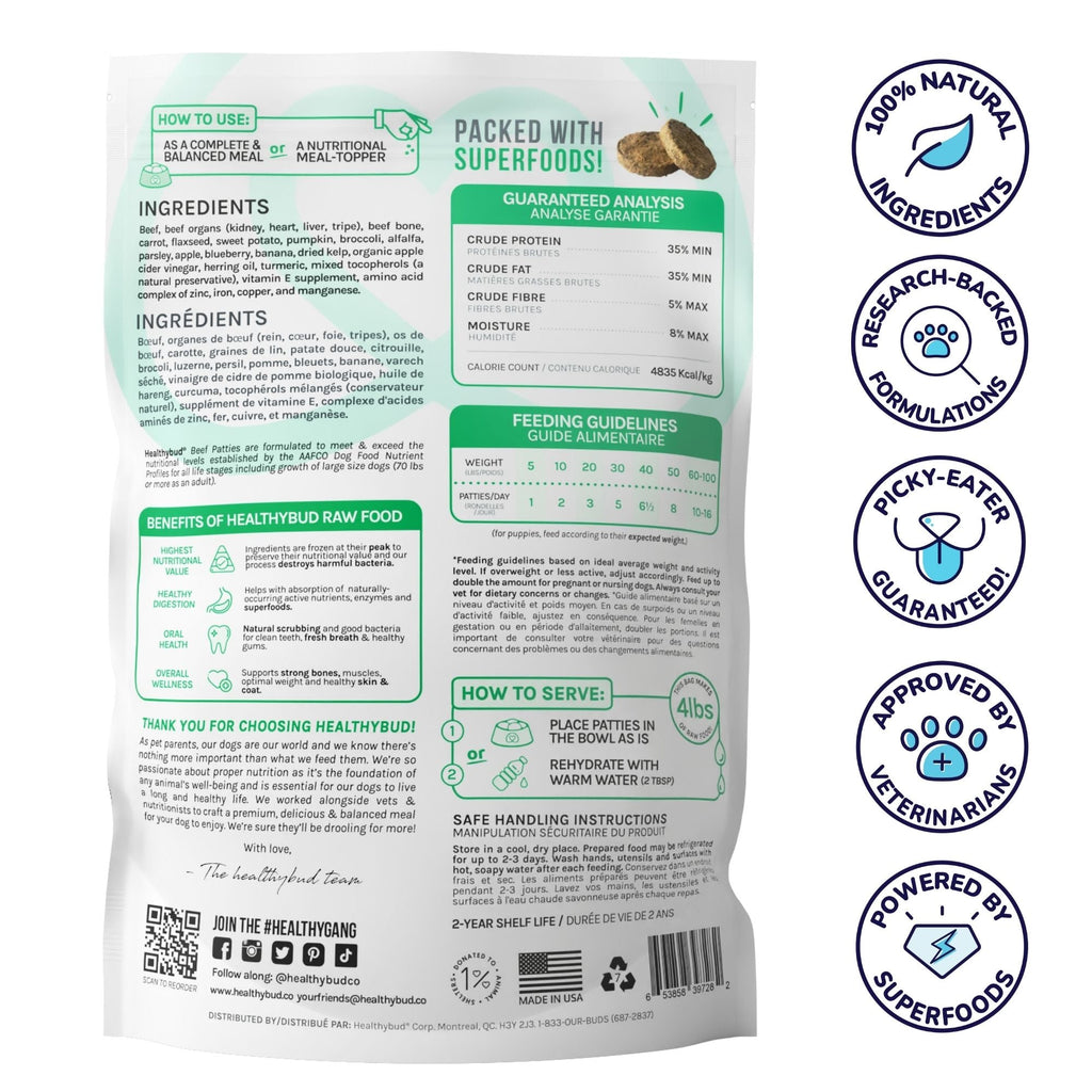 Back of Healthybud Beef Meal Patties bag - ingredients include Beef Organs, Carrots, Flaxseed, Sweet Potato, Apples.