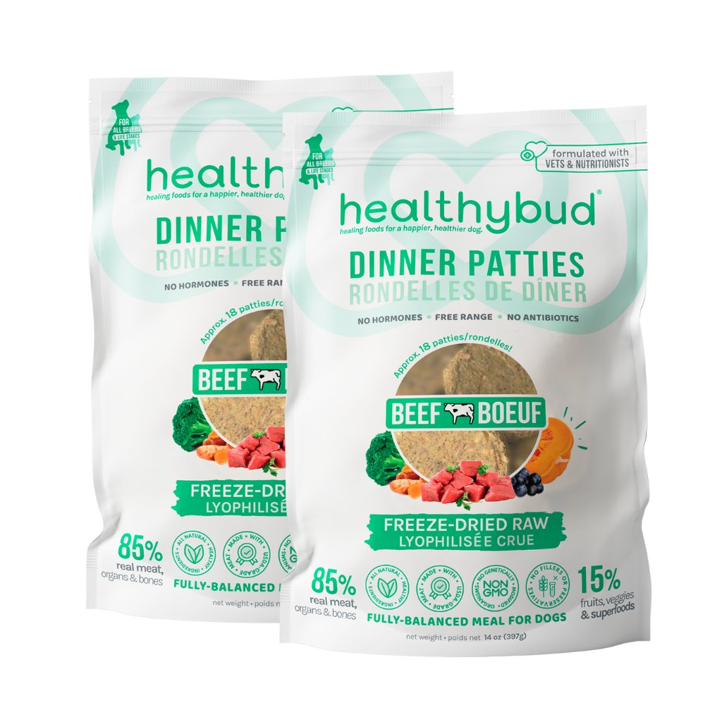 Healthybud Beef Meal Patties 2-pack - freeze-dried raw meal with beef, organs, and superfoods for all dogs.