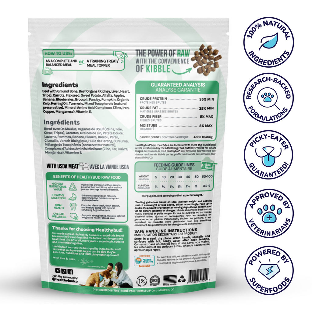 Back of Healthybud Beef Meal Bites bag - ingredients include beef, organs, sweet potato, blueberries, and more.