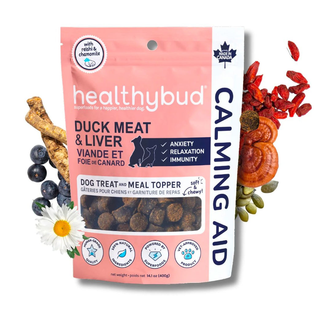 Front of Healthybud Duck Calming Aid bag - relaxes dogs with herbs like Reishi, Ashwagandha, and Chamomile.