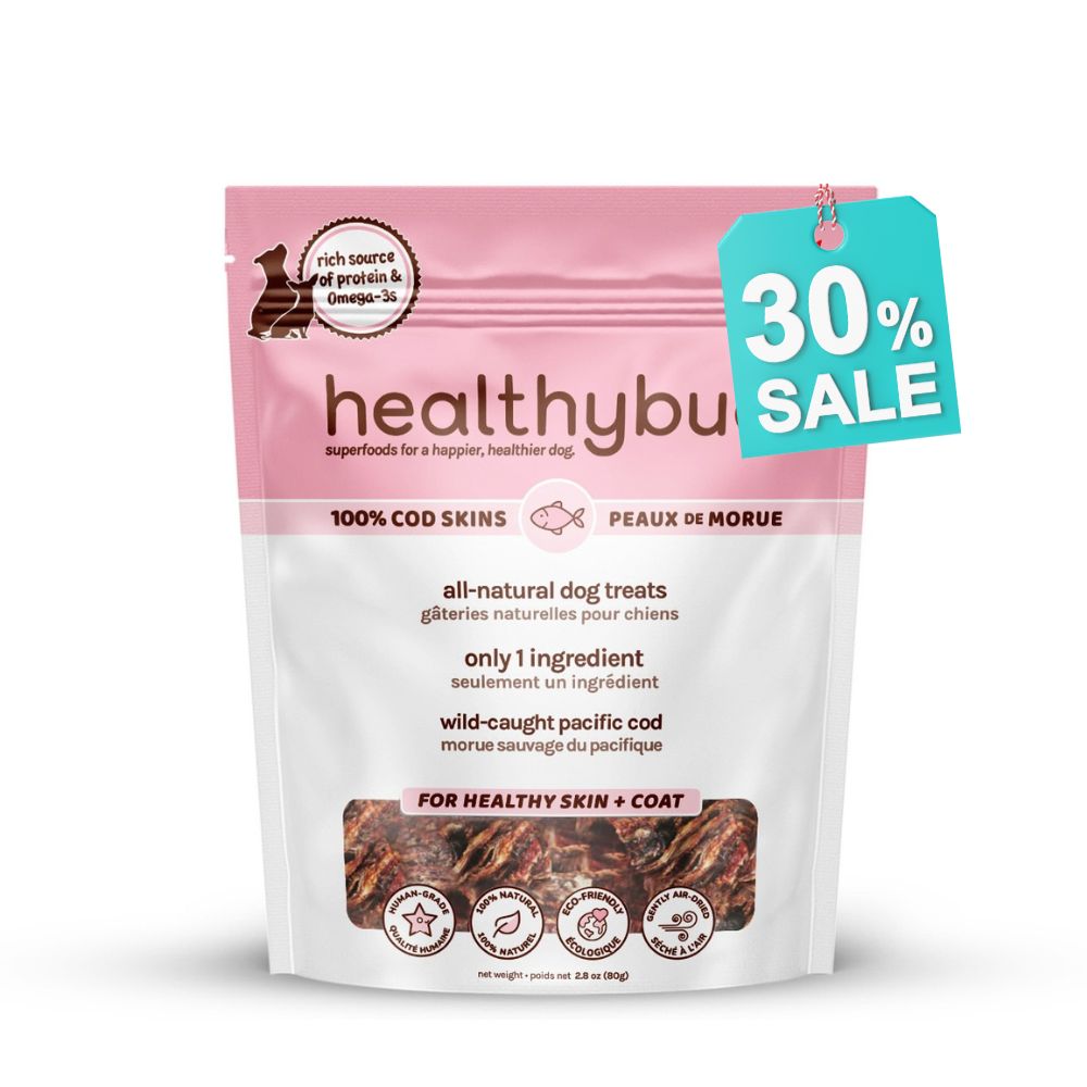 Cod Skins on sale for dogs Front of Healthybud Cod Skin Cubes bag - hypoallergenic, crunchy treats for healthy skin and coat.