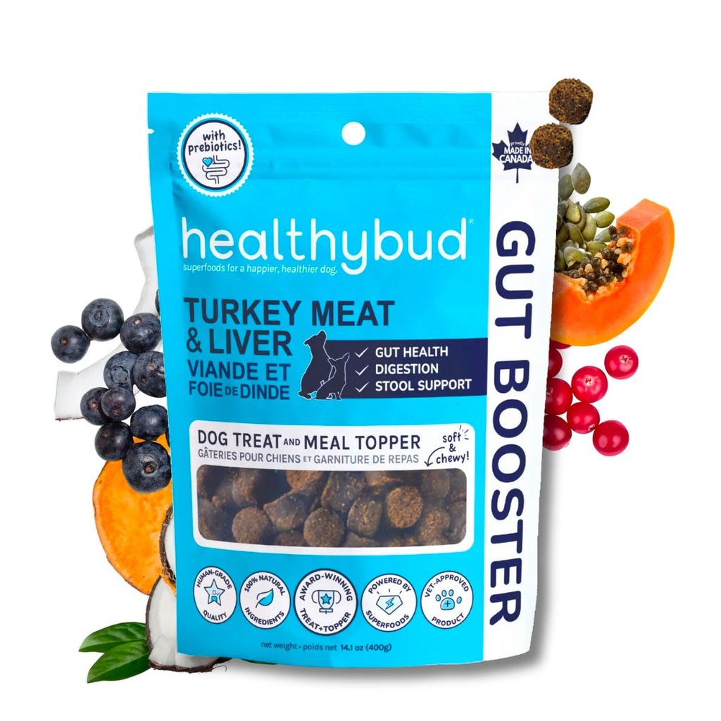 Front of Healthybud Turkey Gut Booster bag - supports digestion and stool with prebiotics, pumpkin seeds, & probiotics.