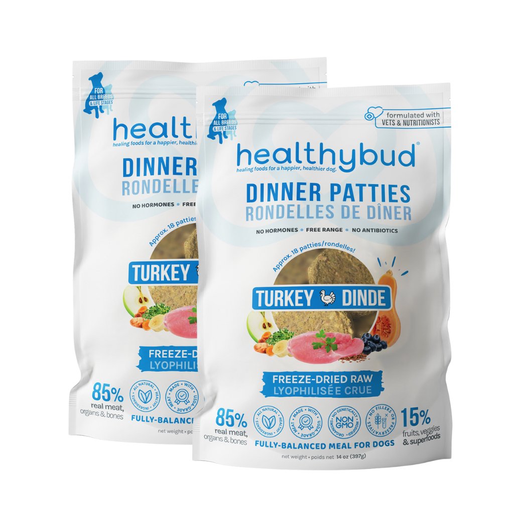 Healthybud Turkey Meal Patties 2-pack - freeze-dried raw meal with turkey, organs, and superfoods for all dogs.